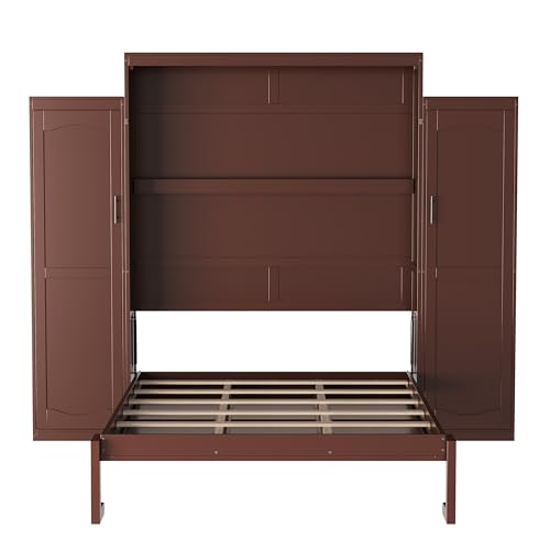 KLMM Wooden Murphy Bed Wall Bed with 2 Wardrobe and Storage Shelf,Foldable Platform Bedframe for Guest-Room Bedroom Study Office Use (White#E, Full)