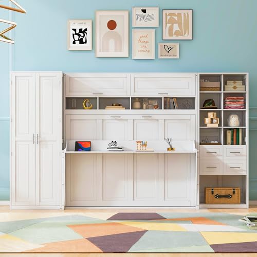 KLMM Wooden Murphy Bed Wall Bed with 2 Wardrobe and Storage Shelf,Foldable Platform Bedframe for Guest-Room Bedroom Study Office Use (White#E, Full)