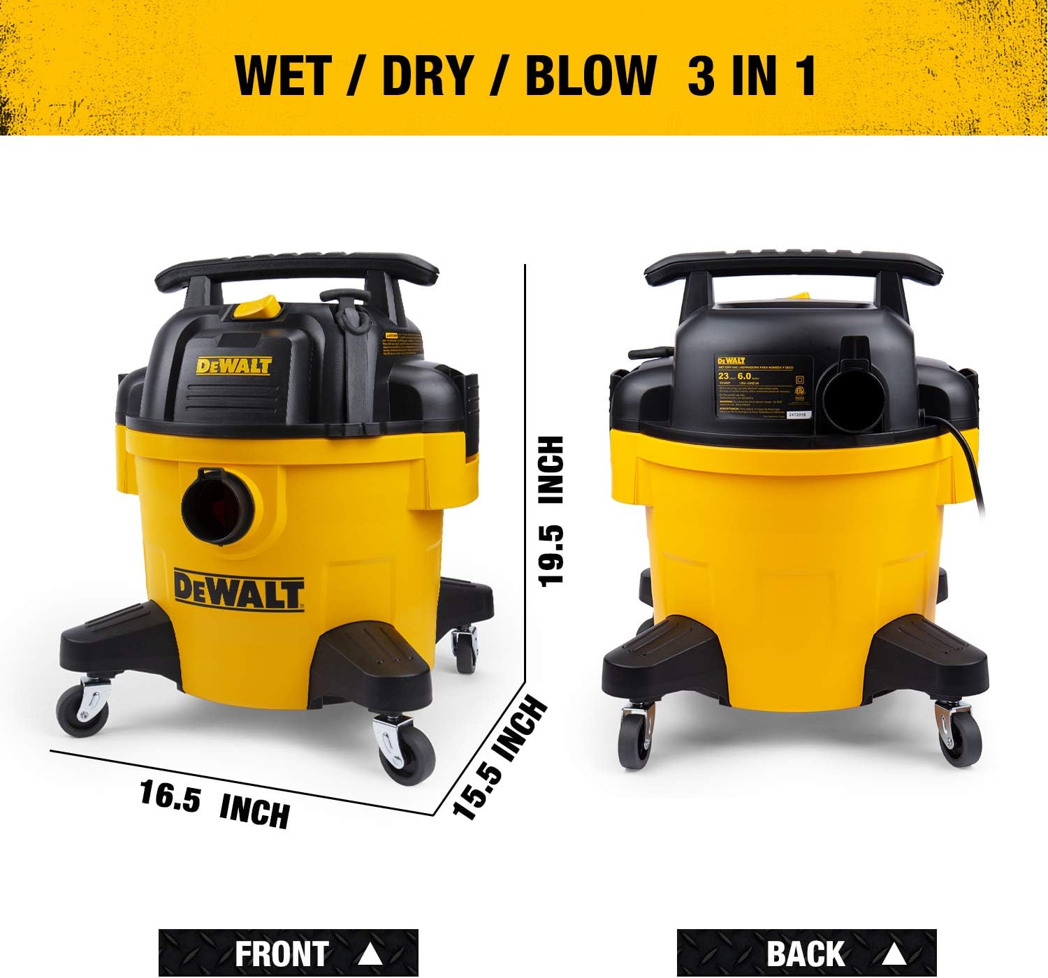 DEWALT DXV06PZ 4 Peak HP Shop Vacuums, 6 Gallon Poly Wet/Dry Vac, Heavy-Duty Shop Vacuum with Blower Function Yellow+Black