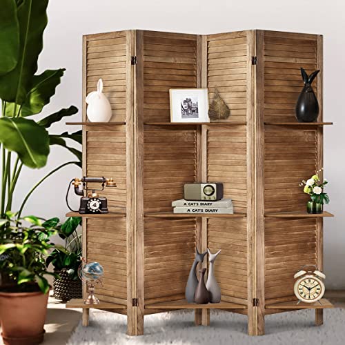 Room Divider with Shelves, Privacy Screen, Room Dividers and Folding Privacy Screens, 5 Panel Wood Temporary Wall Partition Separation Separator, Coconut
