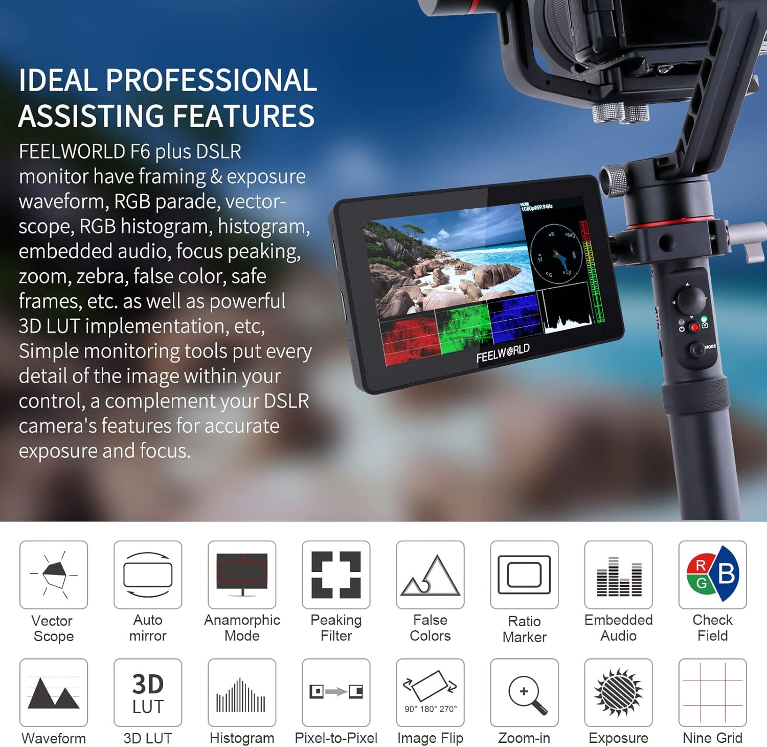 FEELWORLD F6 Plus 5.5 Inch Camera Monitor Field DSLR Monitors with 3D Lut HDR Small Full HD 1920x1080 IPS Support 4K HDMI Input Output Touch Screen for Photographer and Director External Video Monitor