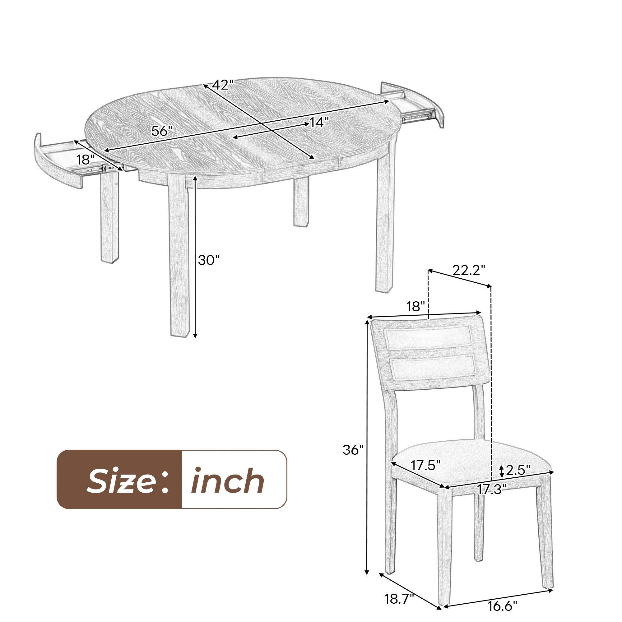5-Piece Multifunctional Dining Table Set, Farmhouse Dining Set with Extendable Round Table ,Two Small Drawers and 4 Upholstered Dining Chairs for Kitchen and Dining Room (Natural Wood Wash)