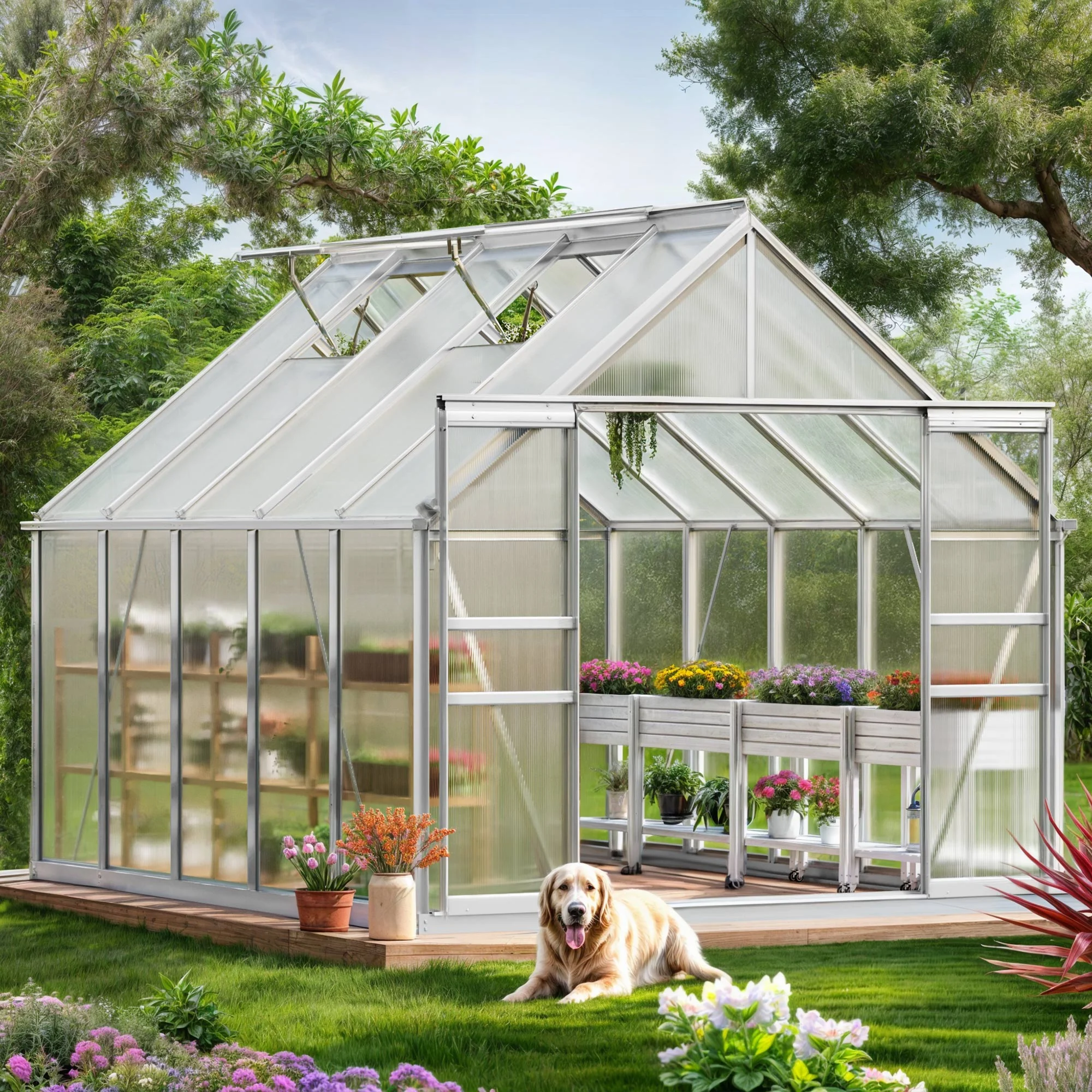 ModFusion-Matte Silver 10x8FT Large Polycarbonate Greenhouse: Heavy-Duty, UV-Protected, Aluminum Frame, Sliding Doors, Vent Windows,for Outdoor Garden - Curated Treasures Market