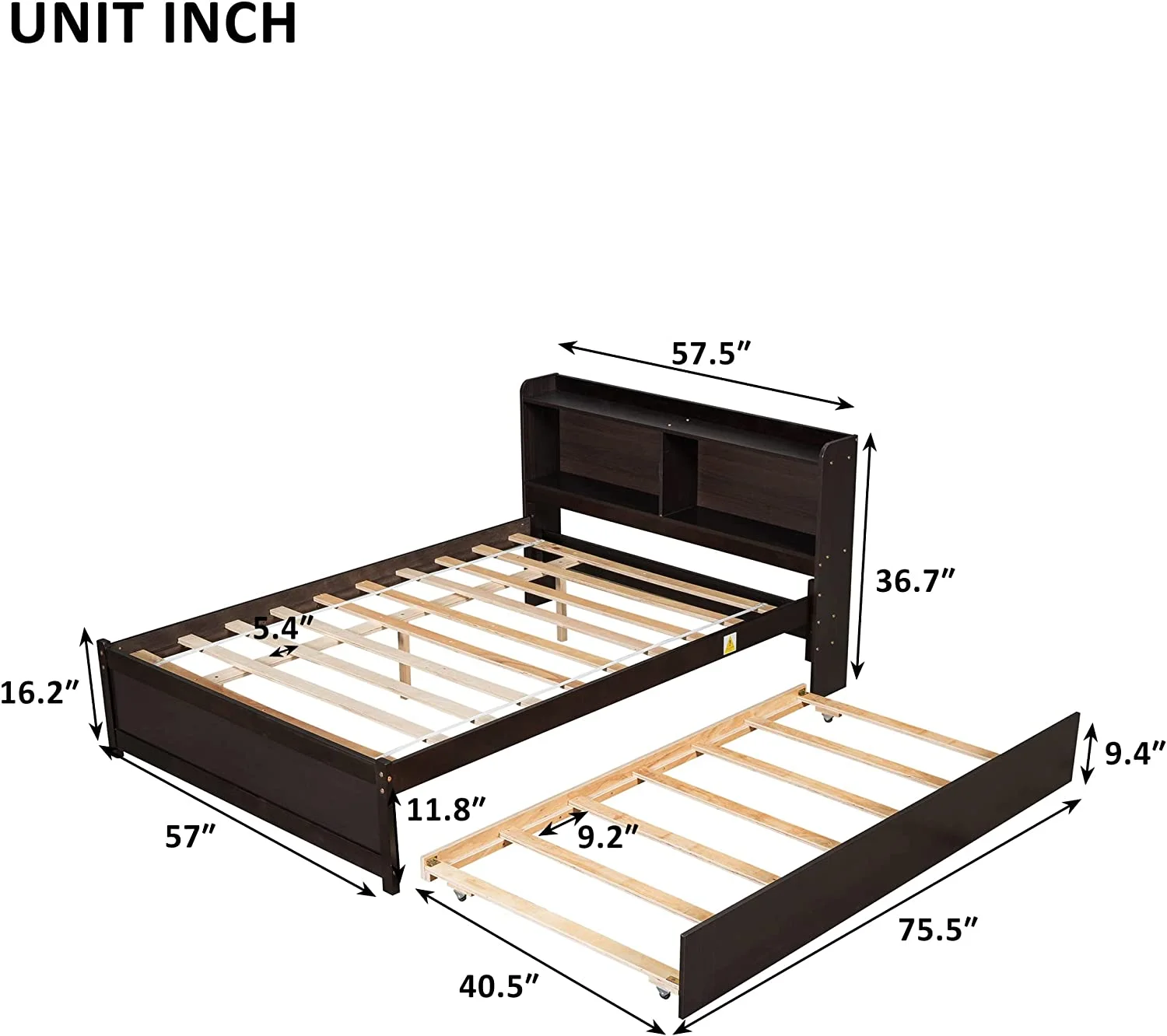 Full Size Platform Bed With Trundle And Bookcase. Wooden Storage Platform Bed With Storage Headboard. No Spring Box Needed. Espresoo