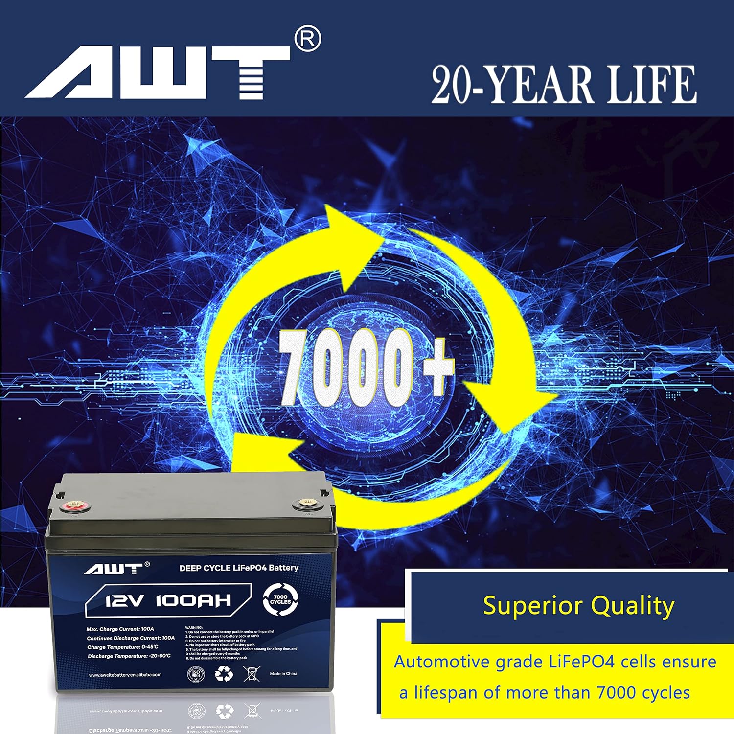 AWT 12V 100Ah Deep Cycle Lithium Battery, 20 Years Service Life (7000+ Cycles), Built-in 100A BMS Rechargeable Lifepo4 Battery for RV, Solar, Marine, Overland, Camping, Off-Grid Applications