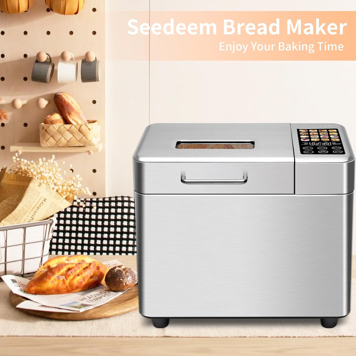 SEEDEEM 16 in 1 Bread Machine, 2.2LB Stainless Steel Bread Maker with Fruit and Nut Dispenser, Nonstick Ceramic Pan, 3 Crust Colors, 3 Loaf Sizes & Touch Panel Recipes, Silver