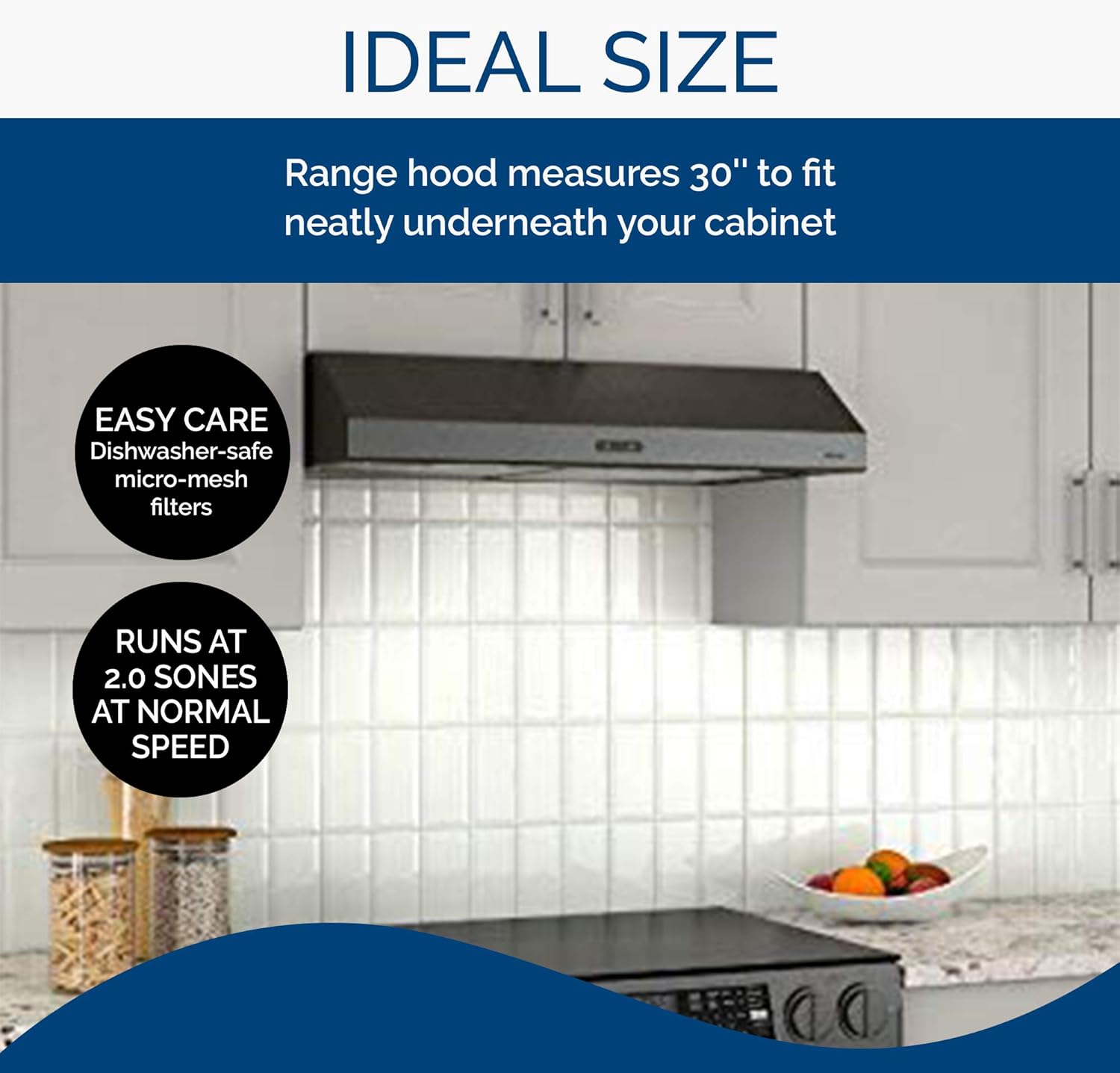 Broan Glacier Convertible Range Hood, Exhaust Fan and Light Combo for Over Kitchen Stove, Black Stainless Steel, 30", 1.2 Sones, 300 CFM