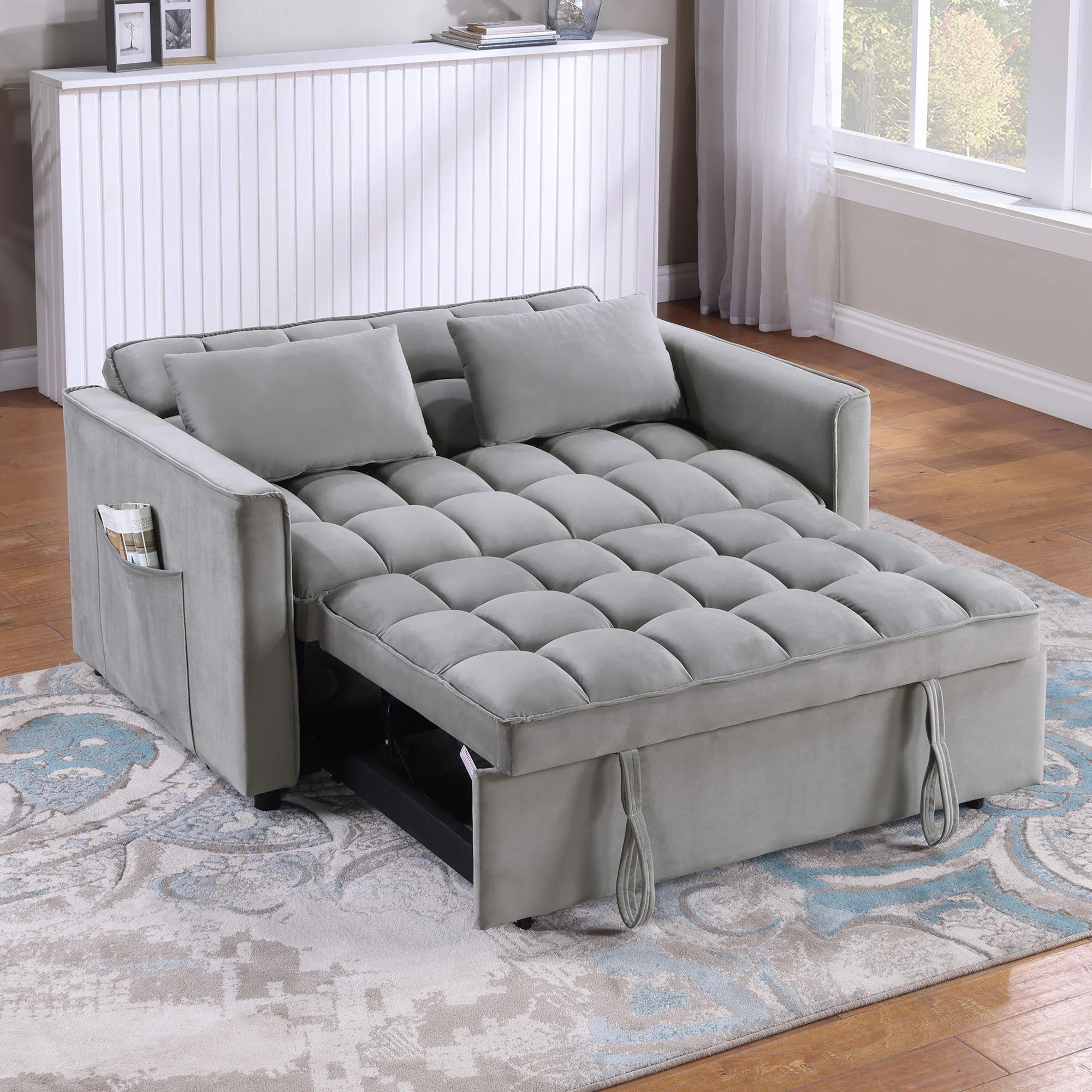 Duhome Sleeper Sofa Bed 3 in 1 Tufted Convertible Couch Bed Pull Out Velvet Loveseat with Reclining Adjustable OSS Pillows and Pockets.Grey