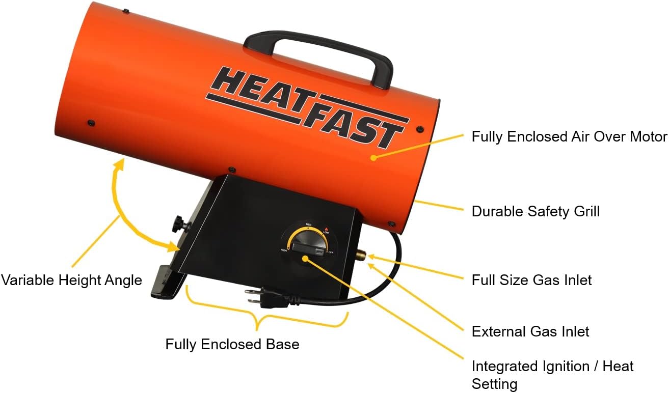 HF60G Portable Home, Jobsite, Construction Site Forced Air Liquid Propane Salamander Torpedo Space Heater with Variable Temperature Control, 60,000 BTU, orange, Small