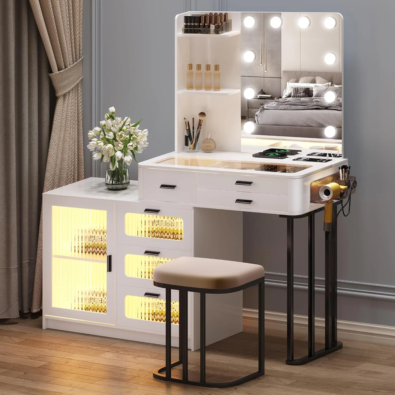 Kasibie Vanity Makeup Set with Mirror Lights: White Dressing Table with 6 Drawers/Large Storage - Vanity Makeup Table with 3 Colors Adjustable Lighting Brightness & Charging Station for Girls/Women