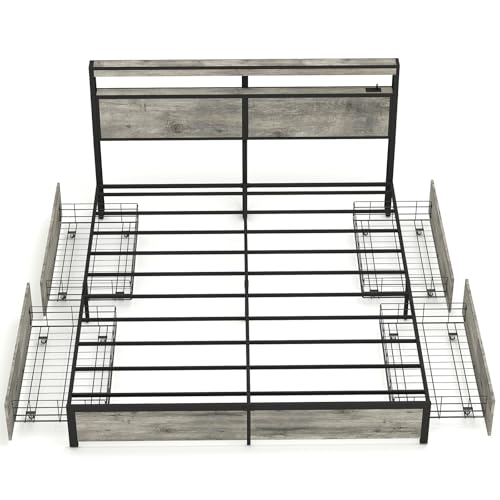 SADENICEL Queen Bed Frame with Storage Headboard and 4 Drawers, Metal Platform Bed Frame with LED Light, Charging Station, No Box Spring Needed, Noise Free, Easy Assembly, Vintage Brown