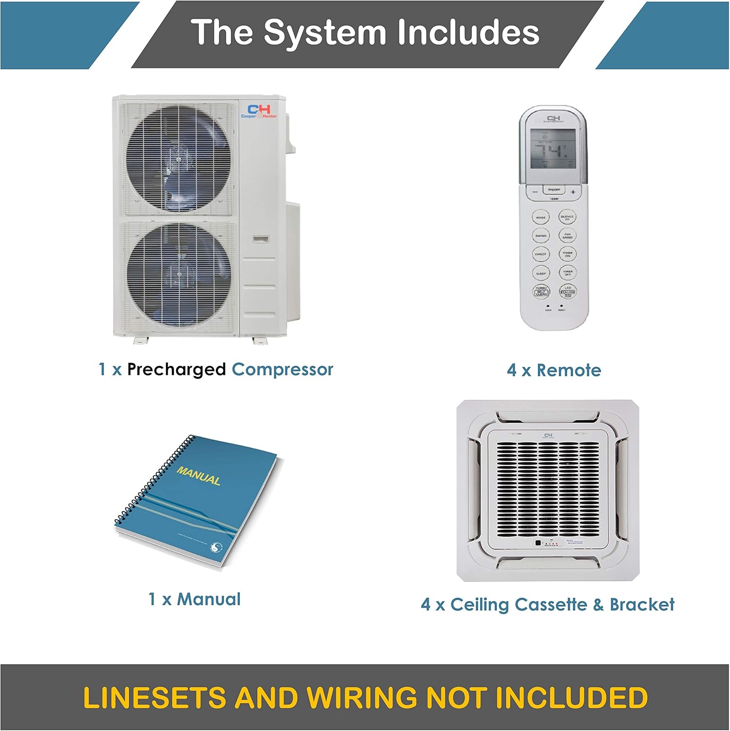 COOPER AND HUNTER Quad 4 Zone Ductless Mini Split Air Conditioner Ceiling Cassette Heat Pump 9000 9000 9000 24000