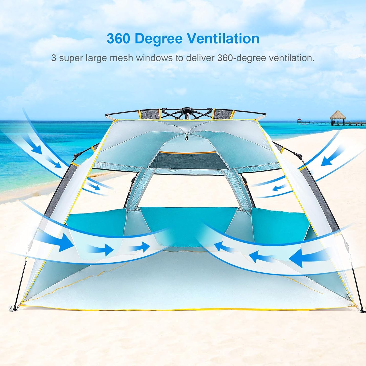WolfWise 3-4 Person Easy Up Beach Tent UPF 50+ Portable Instant Sun Shelter Canopy Umbrella with Extended Zippered Porch