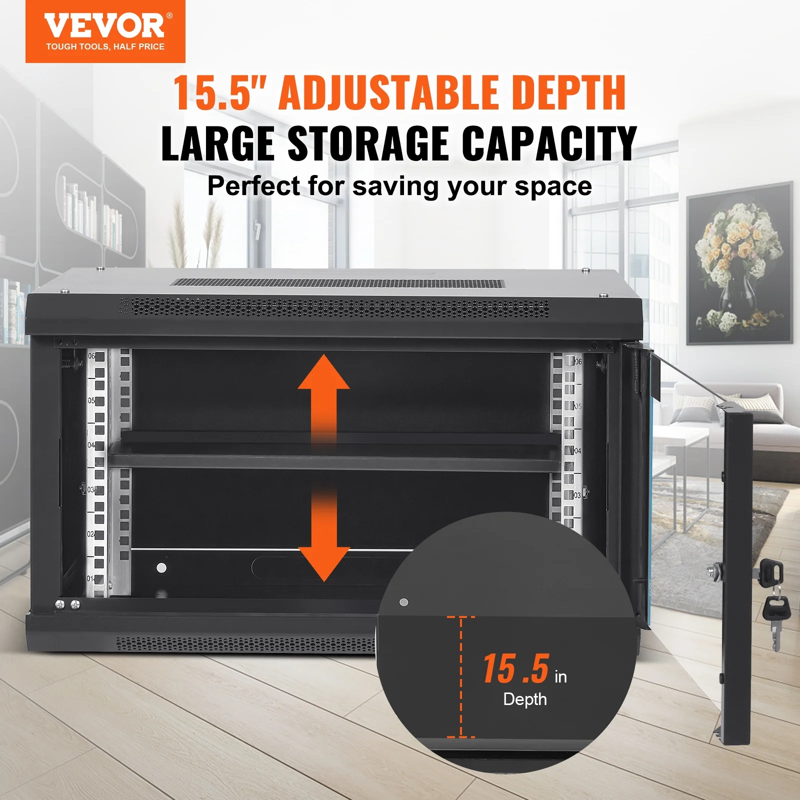 BENTISM 6U 13.8'' Wall Mount Network Server 15.5'' Deep Rack Cabinet Enclosure Door Lock,2 x Shelves