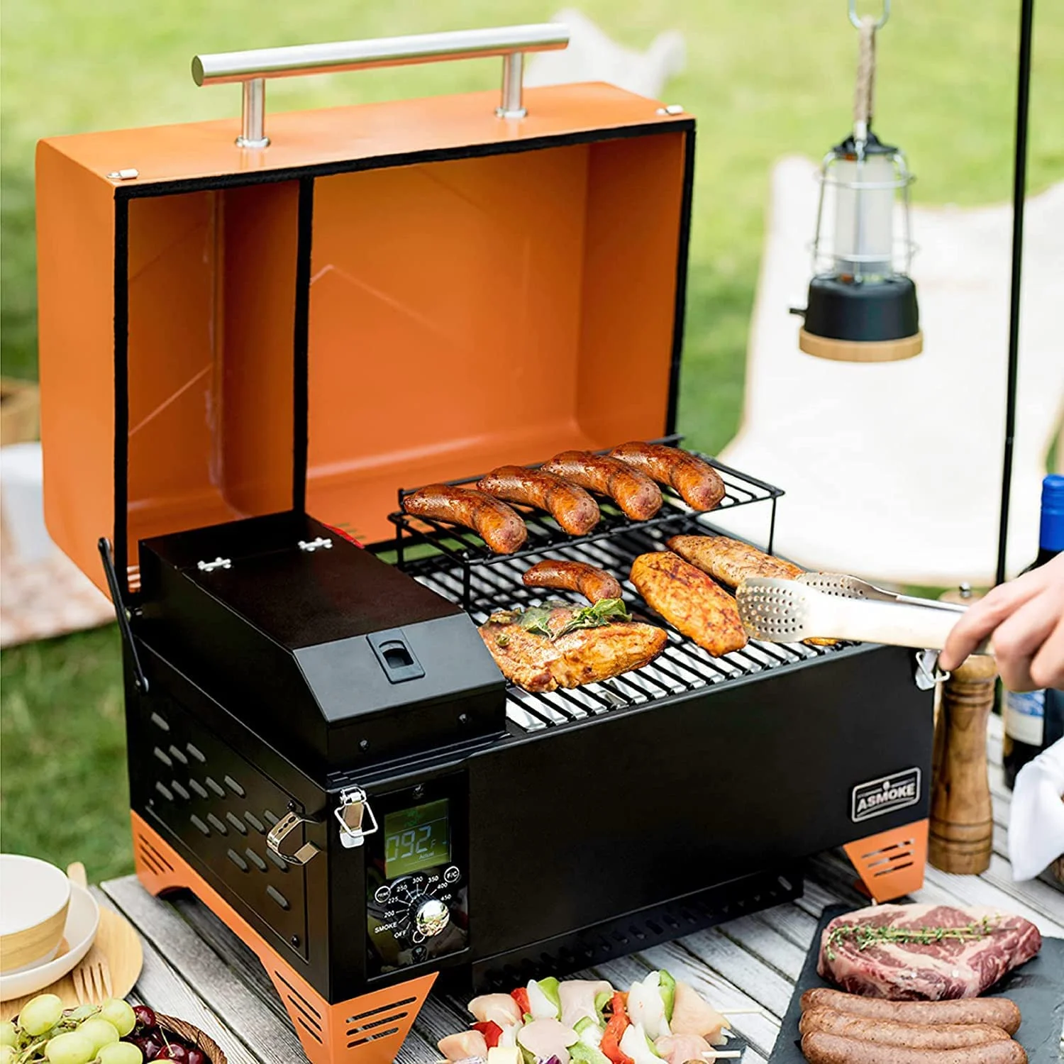 ASMOKE AS350 Portable Wood Pellet Grill & Smoker, Superheated Steam Technology, 8-In-1 Cooking Versatility, 256 Sq in Vibrant Orange