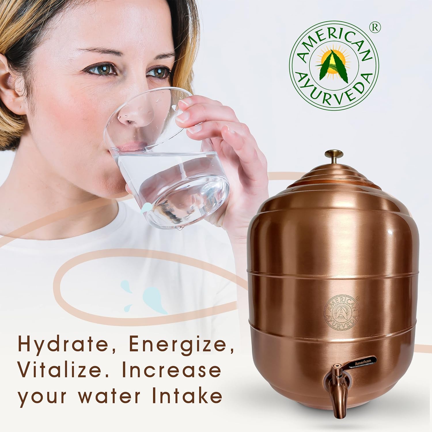 American Ayurveda Countertop 100% Pure Copper 5 Gallon Dispenser Storage Tank Pot With Stainless Steel Faucet and Lid Kitchen Home Health Yoga Meditation