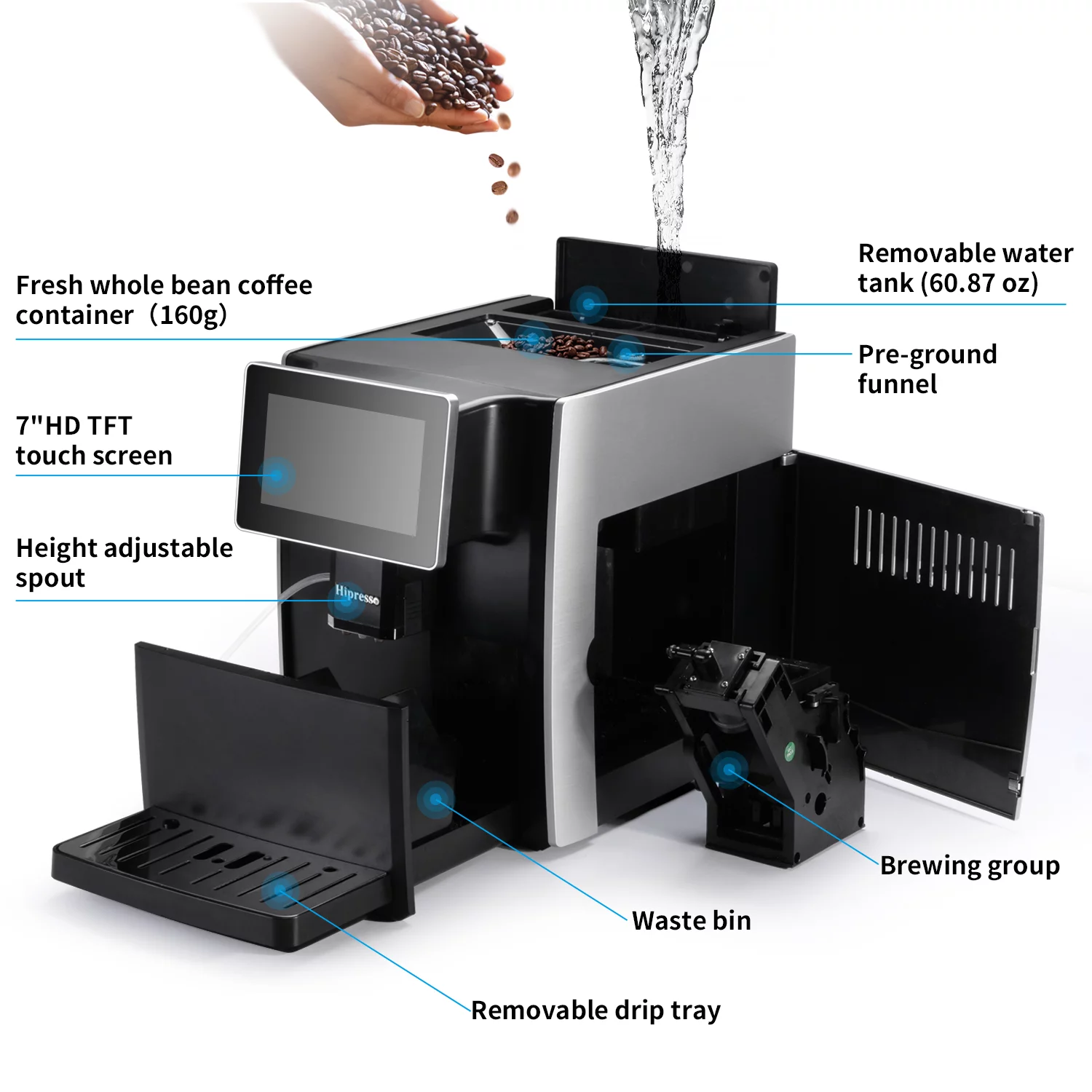 Hipresso Programmable Super-automatic Espresso Coffee Machine with Large 7 inches HD TFT Display