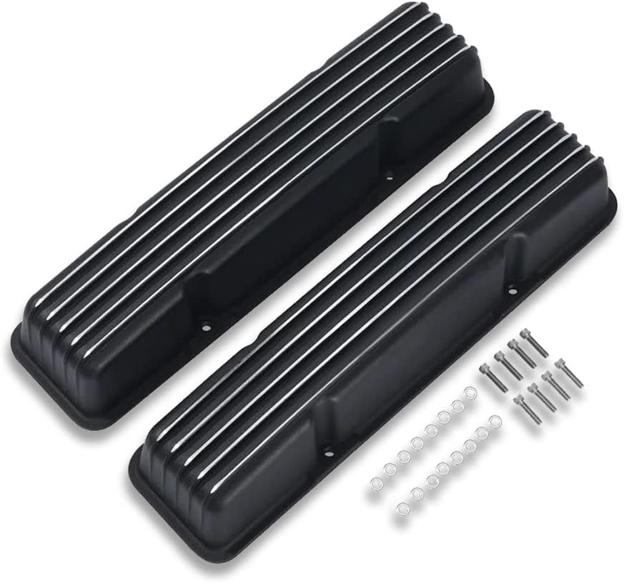 DEMOTOR PERFORMANCE Tall Finned Valve Cover W/O Hole for SBC 327 350 Chevy & 12" Oval Full Finned Air Cleaner Dress Up Kit Black