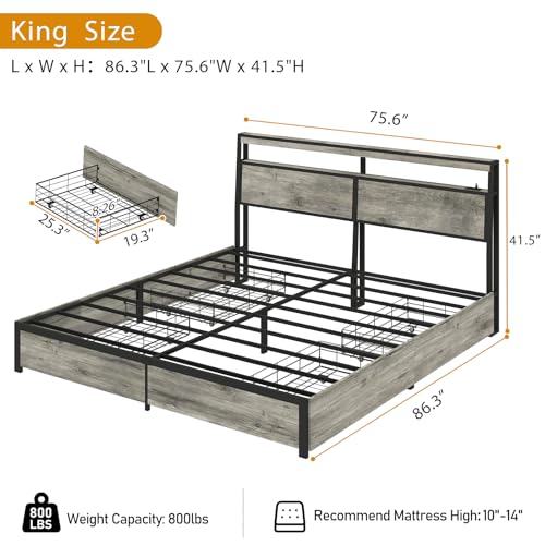 SADENICEL Queen Bed Frame with Storage Headboard and 4 Drawers, Metal Platform Bed Frame with LED Light, Charging Station, No Box Spring Needed, Noise Free, Easy Assembly, Vintage Brown