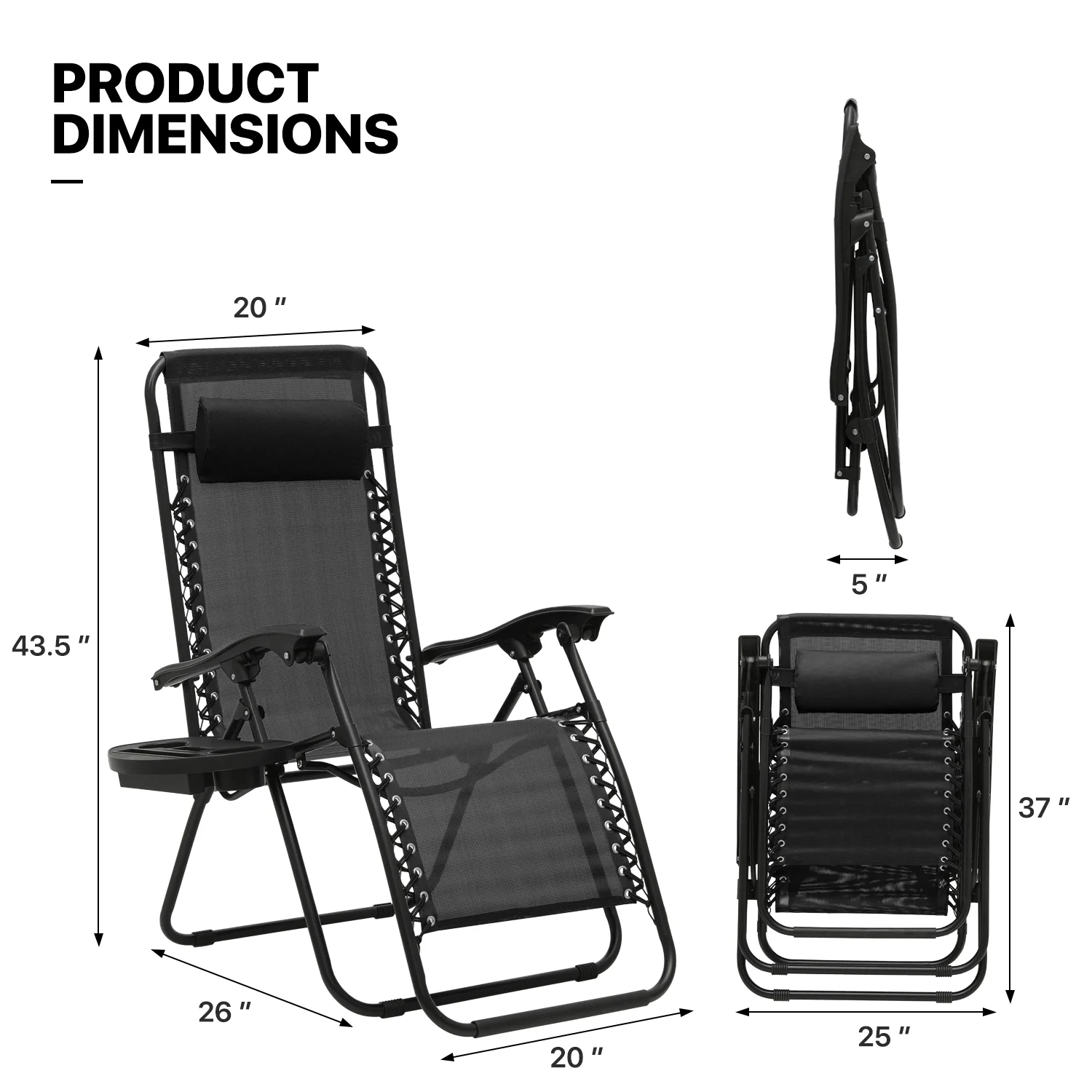 MoNiBloom Patio Zero Gravity Chair Set of 2, Folding Adjustable Reclining Beach Lawn Lounger with Pillow and Cup Holder, Black