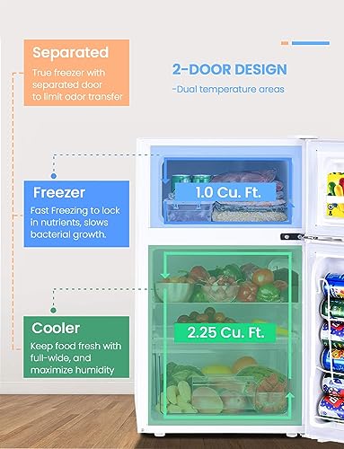 NAFORT Compact Refrigerator, 3.2 cu ft. Unit 2-Door Mini Freezer Cooler Fridge, Grey/White