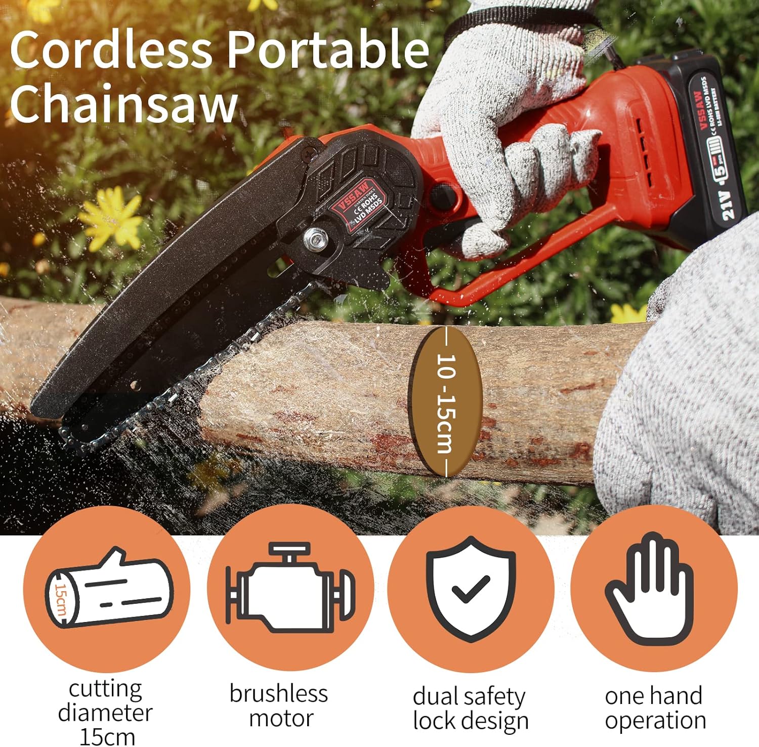 Mini Chainsaw Cordless Brushless, VSSAW 6 inch Battery Power Chain Saw, Portable Handheld Small Chainsaw with Security Lock for Tree Trimming Garden Pruning Branch Wood Cutting Pack of 2