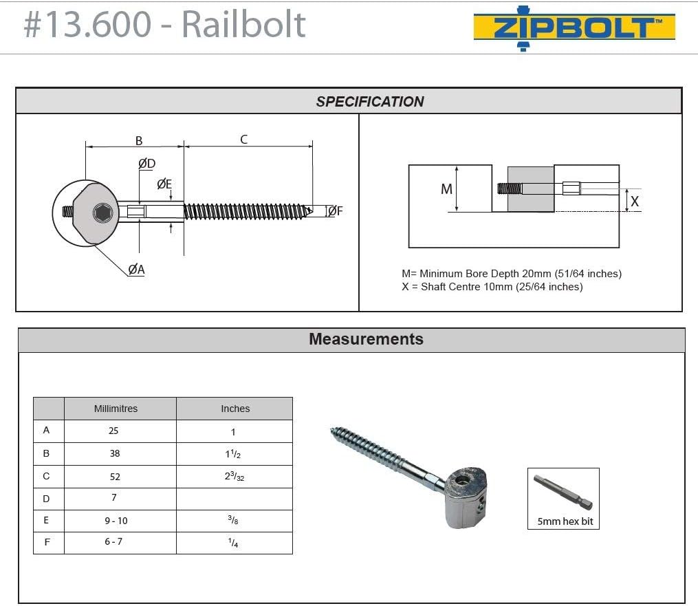 Zipbolt 13.610 Railbolt - Staircase Handrail to Fittings Connector - 5 Pack
