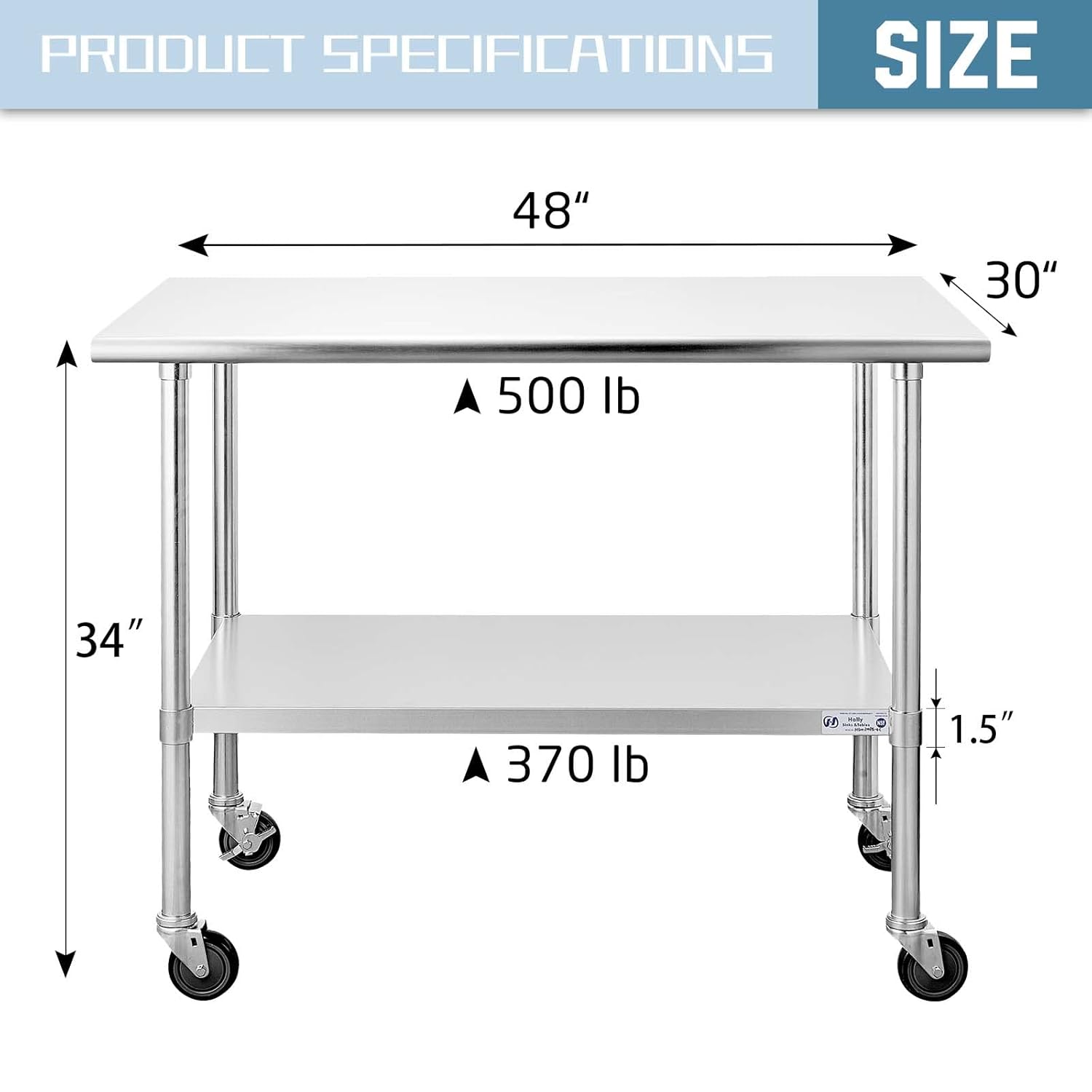 Hally Stainless Steel Table for Prep & Work 24 x 36 Inches with Caster Wheels, NSF Commercial Heavy Duty Table with Undershelf and Galvanized Legs for Restaurant, Home and Hotel