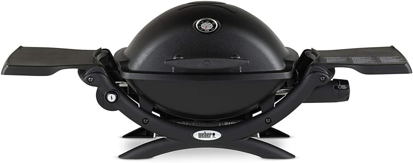 Weber Q1200 Liquid Propane Grill (Black) Bundle with Portable Cart, Adapter Hose, and Grill Cover (4 Items)