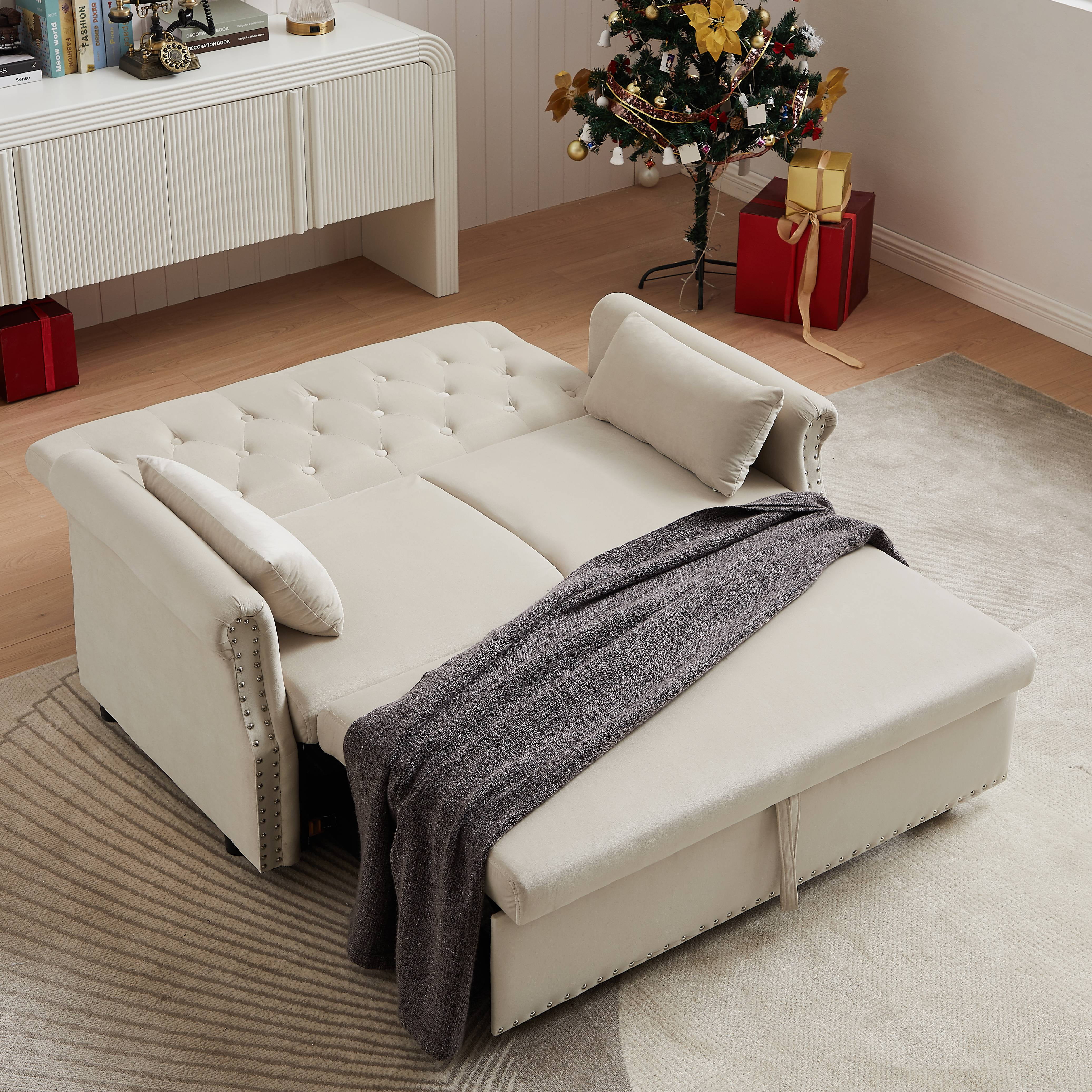 Bellemave 55" Pull Out Sleeper Sofa Bed, Sleeper Loveseats Sofa Couch with Adjustable Backrest, 2 Caster Wheels and 2 Lumbar Pillows for Living Room Bedroom Apartment Office (Beige)