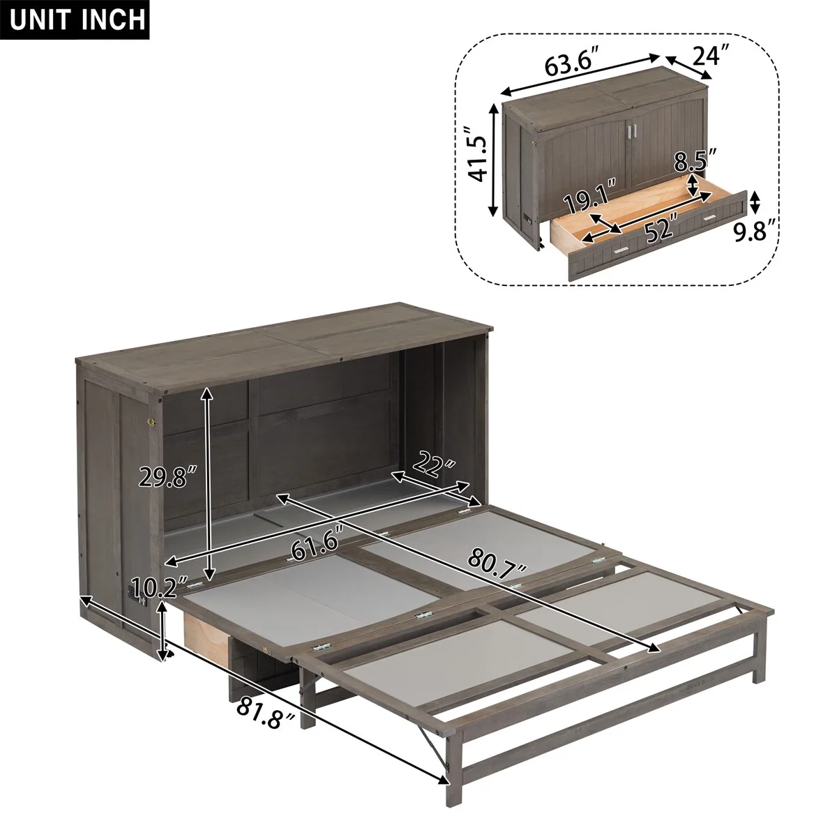 VIRUBI Queen Size Murphy Bed with Built-In Charging Station