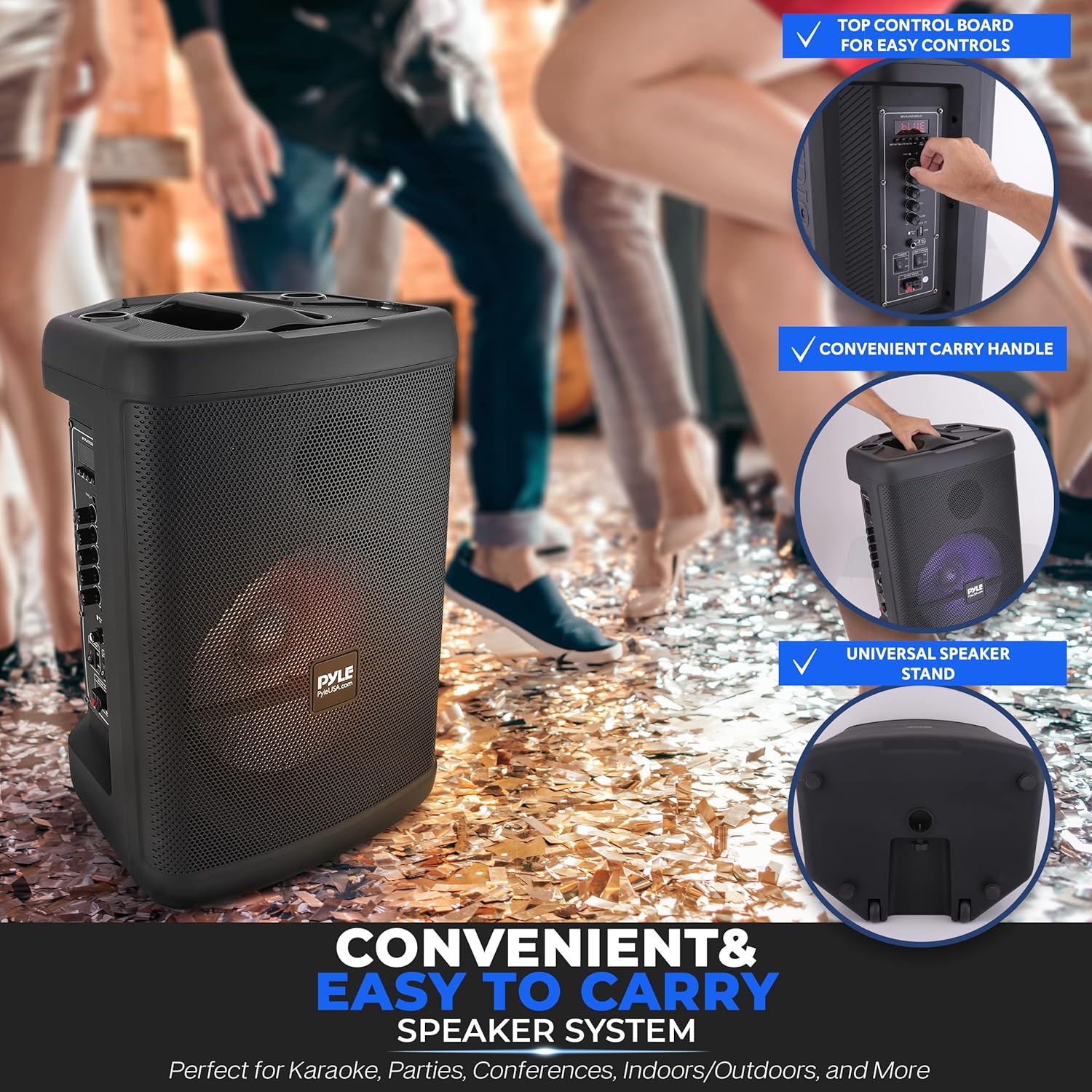 Pyle Portable Bluetooth PA Speaker - 500W 15” Rechargeable Outdoor BT Karaoke Audio System - TWS, Party Lights, LED Display, FM/AUX/MP3/USB/SD, 6.5mm in, Carry Handle - Wireless Mic, Remote Control