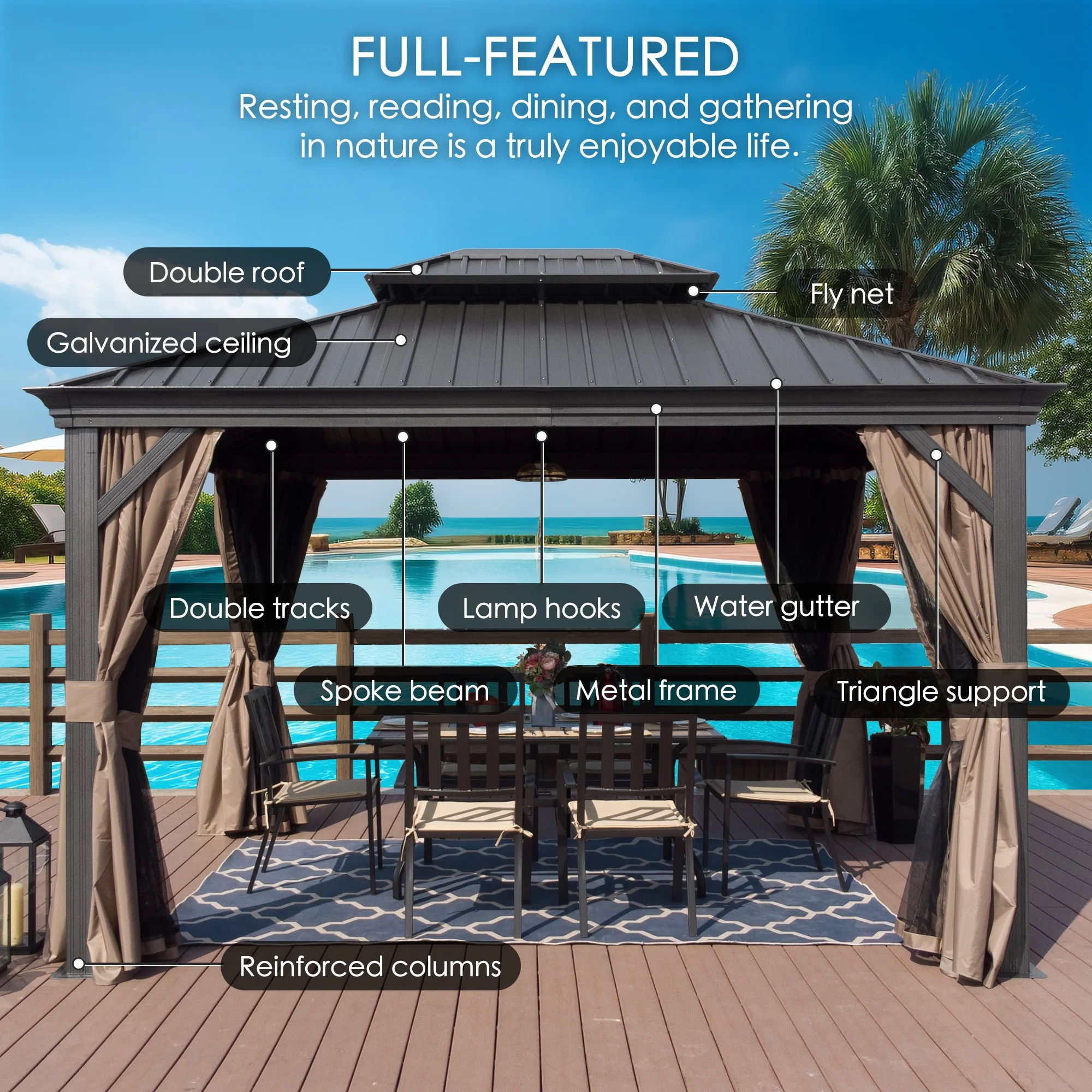 Kozyard Alexander Hardtop Aluminum Permanent Gazebo with a Mosquito Net and Privacy Sidewalls (Alexander 12'x18' (Gray))