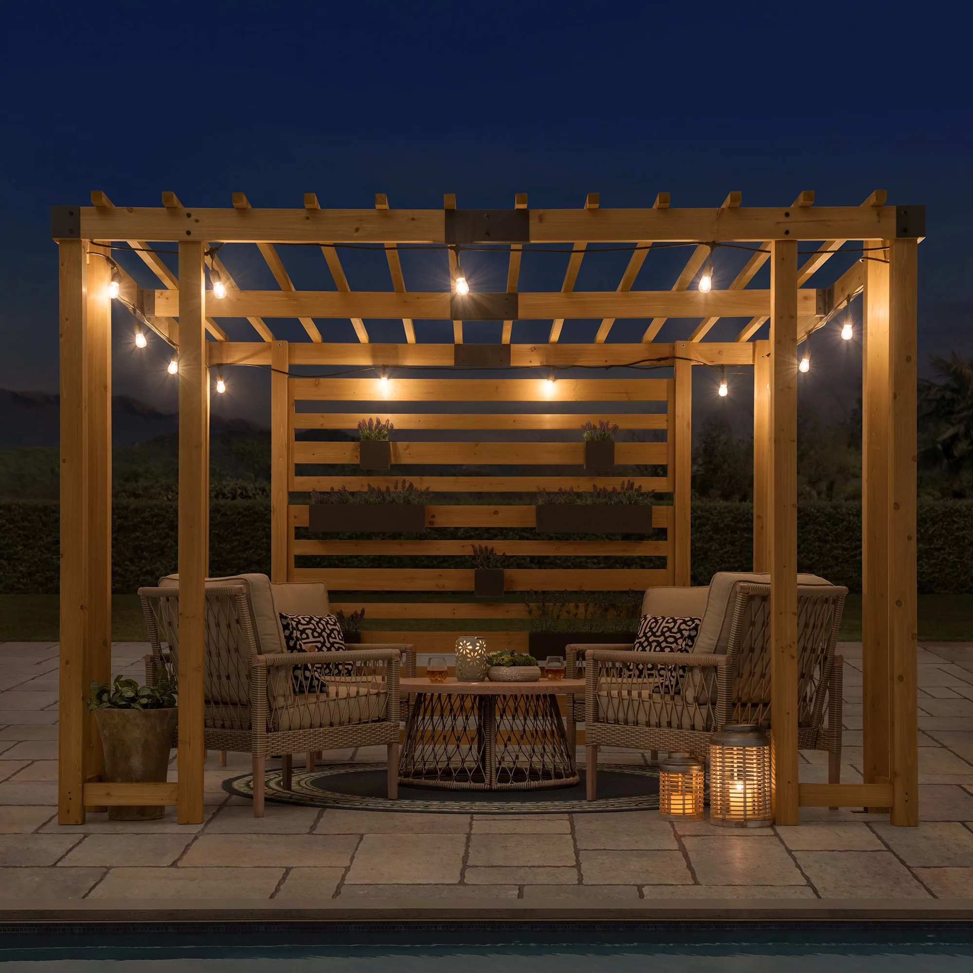 Sunjoy Sophia Outdoor Patio 10.5 ft. x 10 ft. Cedar Wood Pergola with Adjustable Hanging Planters