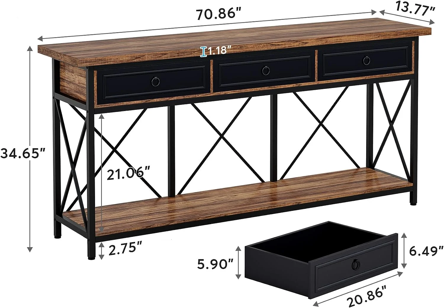 Tribesigns 70.8" Console Table with 3 Drawers, Farmhouse Entryway Table with Storage Shelf for Entryway, Hallway (Brown/Black) - Curated Treasures Market