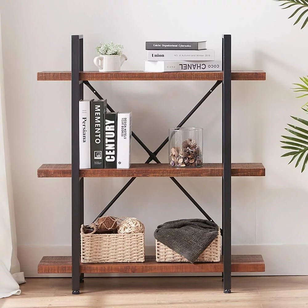 sell well 4 Tier Natural Real Wood Bookshelf  4 Shelf Rustic Solid Wooden and Metal Bookcase  Farmhouse Open Vintage Industrial Etagere Book Shelf for Office Living Room Bedroom Storage