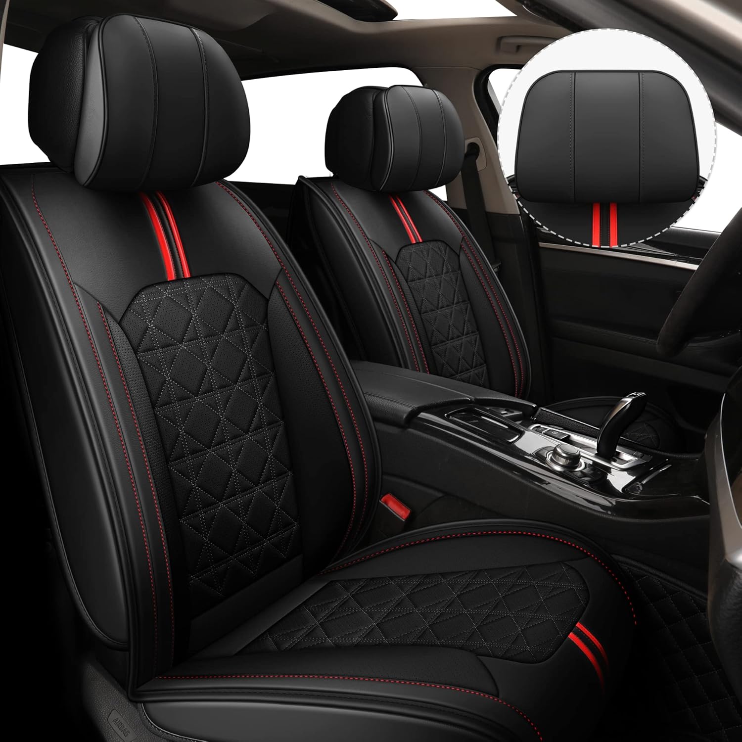 YUHCS Leather Car Seat Covers, 2 PCS Memory Foam Headrest Front Seat Covers, Breathable Automotive Seat Covers for Cars SUV Pickup Truck, Universal Car Seat Cover Vehicle Cushion Cover, Black