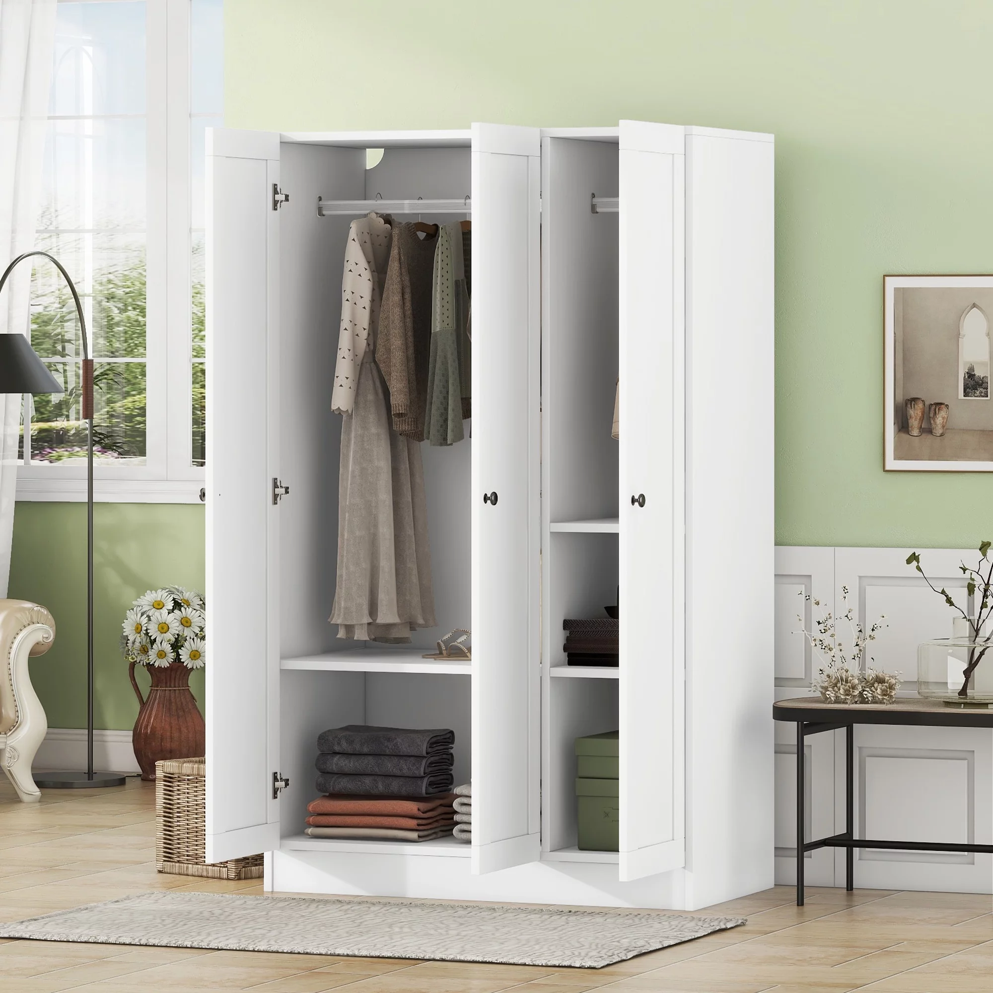 Modern Wood Wardrobe Closet with Doors Shelevs and Hanging Rail, Freestanding Armoires Storage Cabinet Organizer for Bedroom Gym School