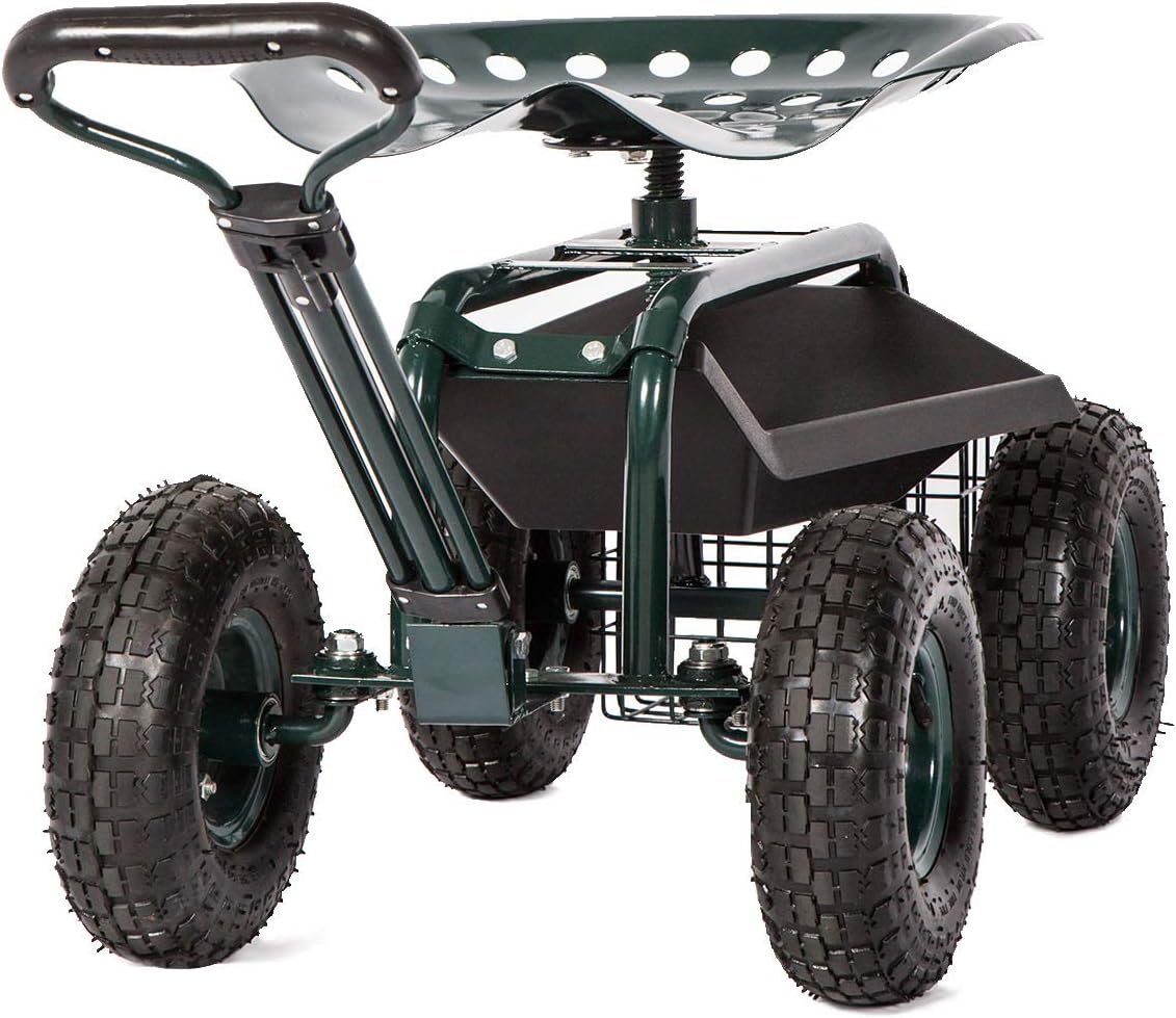Kinsunny Garden Cart Rolling Adjustable Degree Swivel Seat Lawn Yard Patio Wagon Scooter for Planting, Adjustable Handle 360 Degree Swivel Seat Red