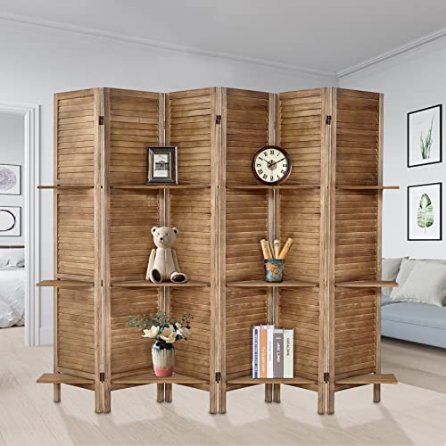 Room Divider with Shelves, Privacy Screen, Room Dividers and Folding Privacy Screens, 5 Panel Wood Temporary Wall Partition Separation Separator, Coconut