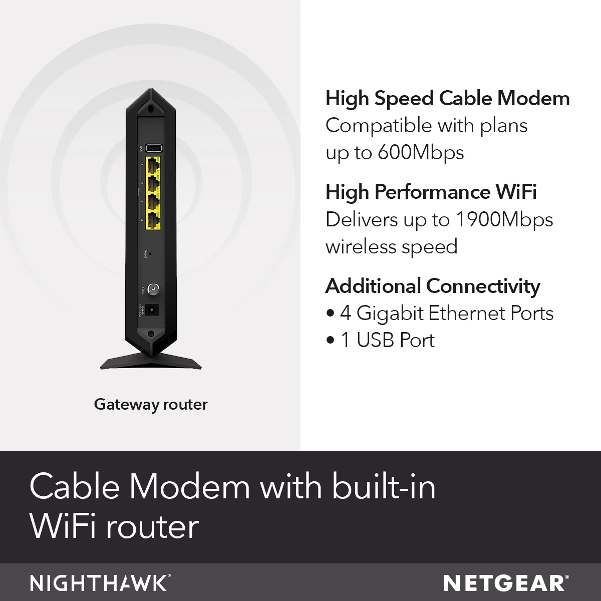 NETGEAR - Nighthawk AC1900 DOCSIS 3.0 Cable Modem + WiFi Router | Certified for Xfinity by Comcast, Spectrum, Cox & more, 1.9Gbps (C7000)