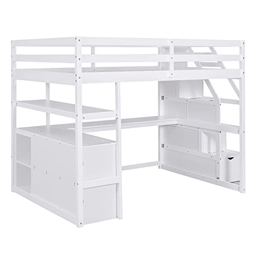 Harper & Bright Designs Twin Loft Bed with Stairs and Desk, Solid Wood Loft Bed Frame with Storage Drawers and Bookshelf for Kids Teens Adults - White