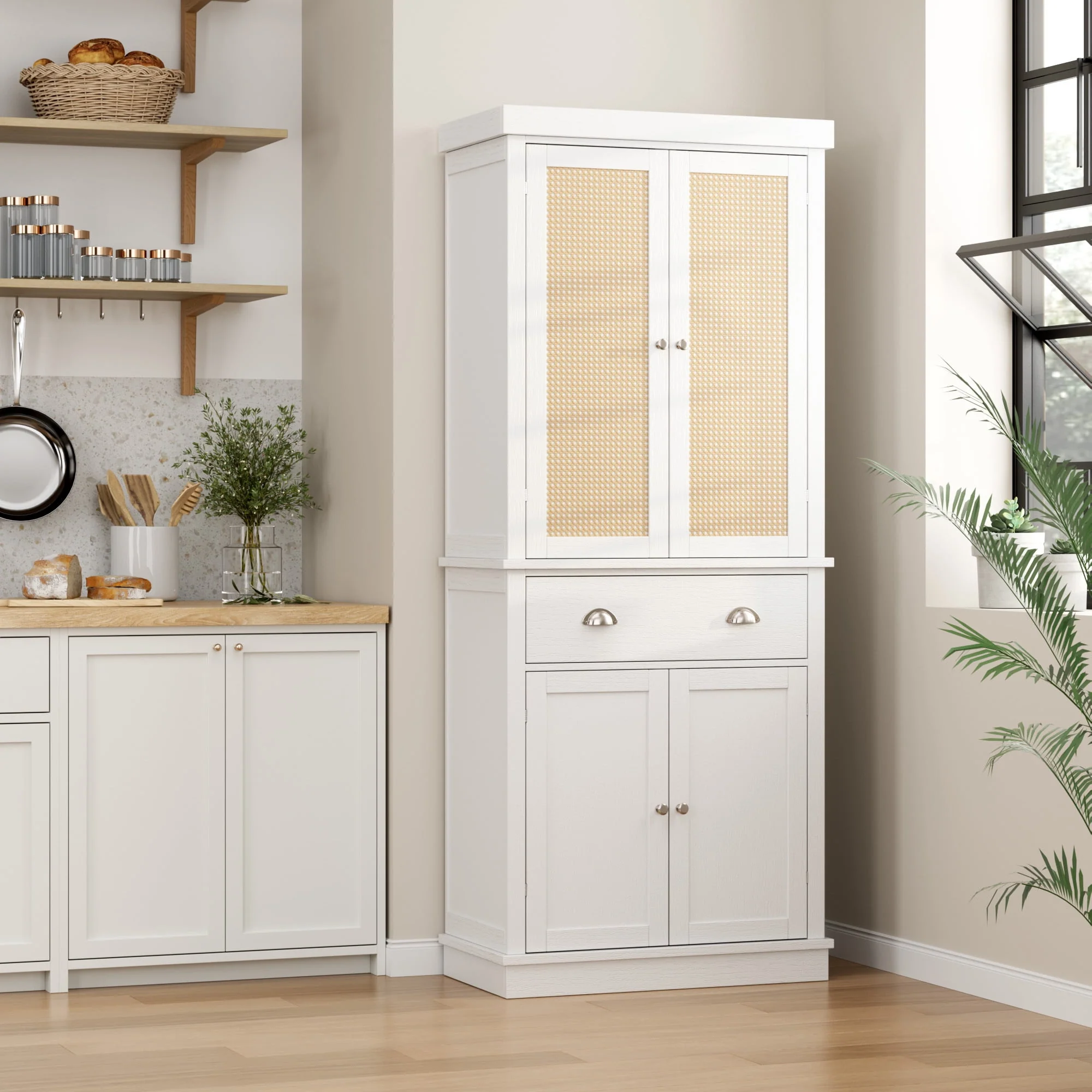 Homfa 72.4'' Tall Kitchen Pantry with 4 Doors, Large Drawer Shelves Wood Storage Cabinet for Dining Room Living Room, White