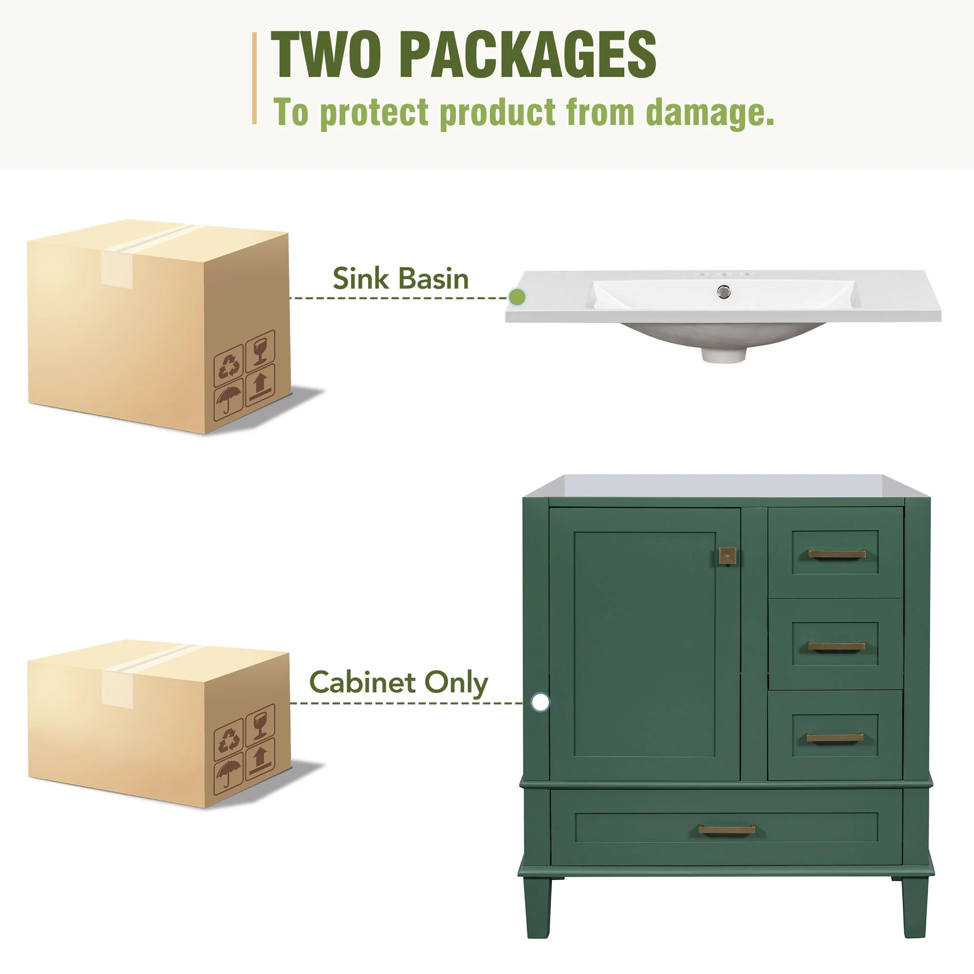 EUROCO 30" Modern Bathroom Vanity Cabinet Solid Wood with Top Basin,Bathroom Storage Cabinet with Soft Closing Door and 3 Drawers,Green