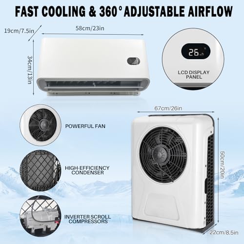 7,000BTU Electric Truck AC Unit Split 12V Low Noise Fast Cooling High Efficiency For Semi-Truck, Trailer, Bus, Camper, Pickup, Motorhome