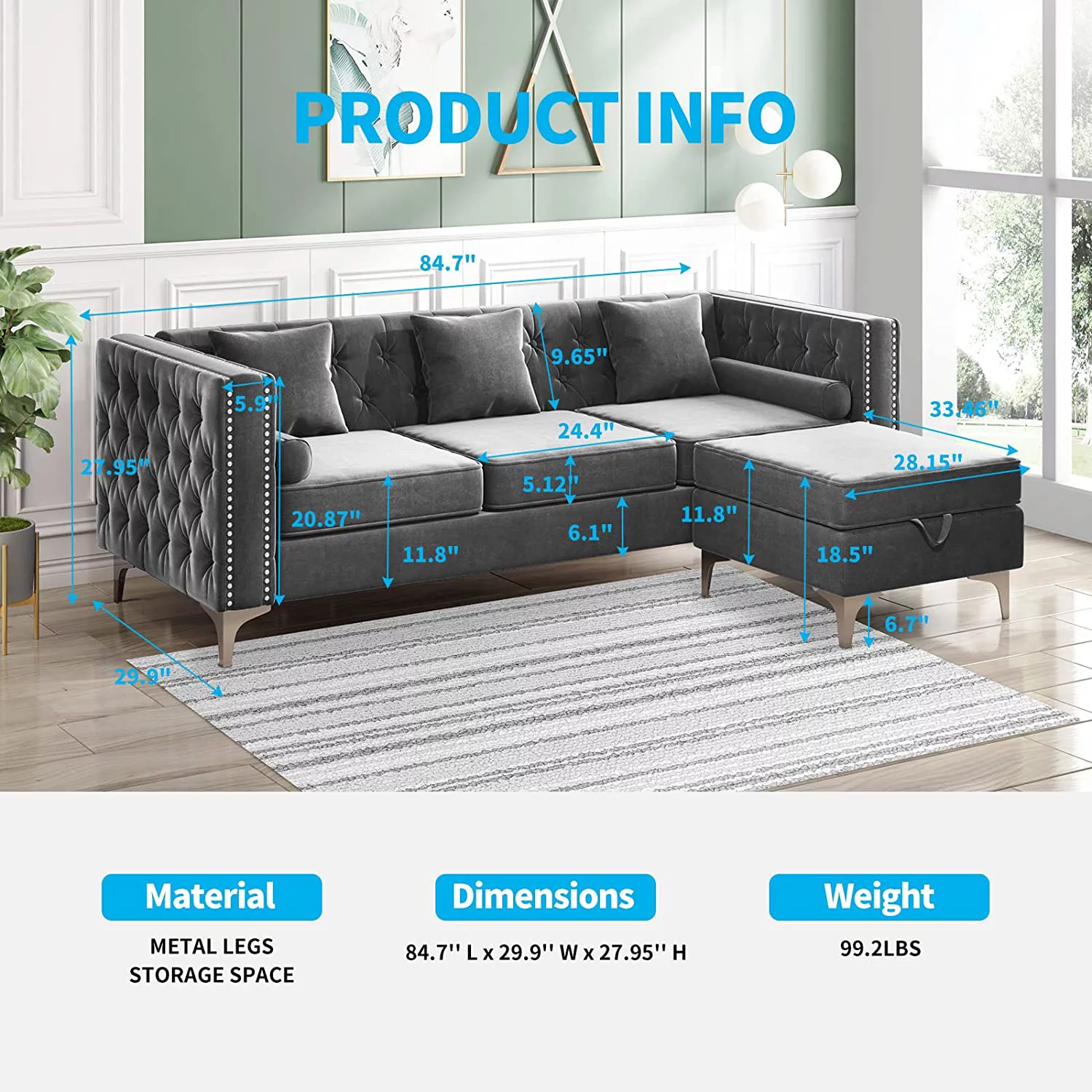 Mjkone Sectional Sofa with Chaise Lounge, Couches for Living Room, L-Shaped Couch with Storage Ottoman, Sectional Couch for Small Living Room, Apartment and Small Space, Velvet Grey