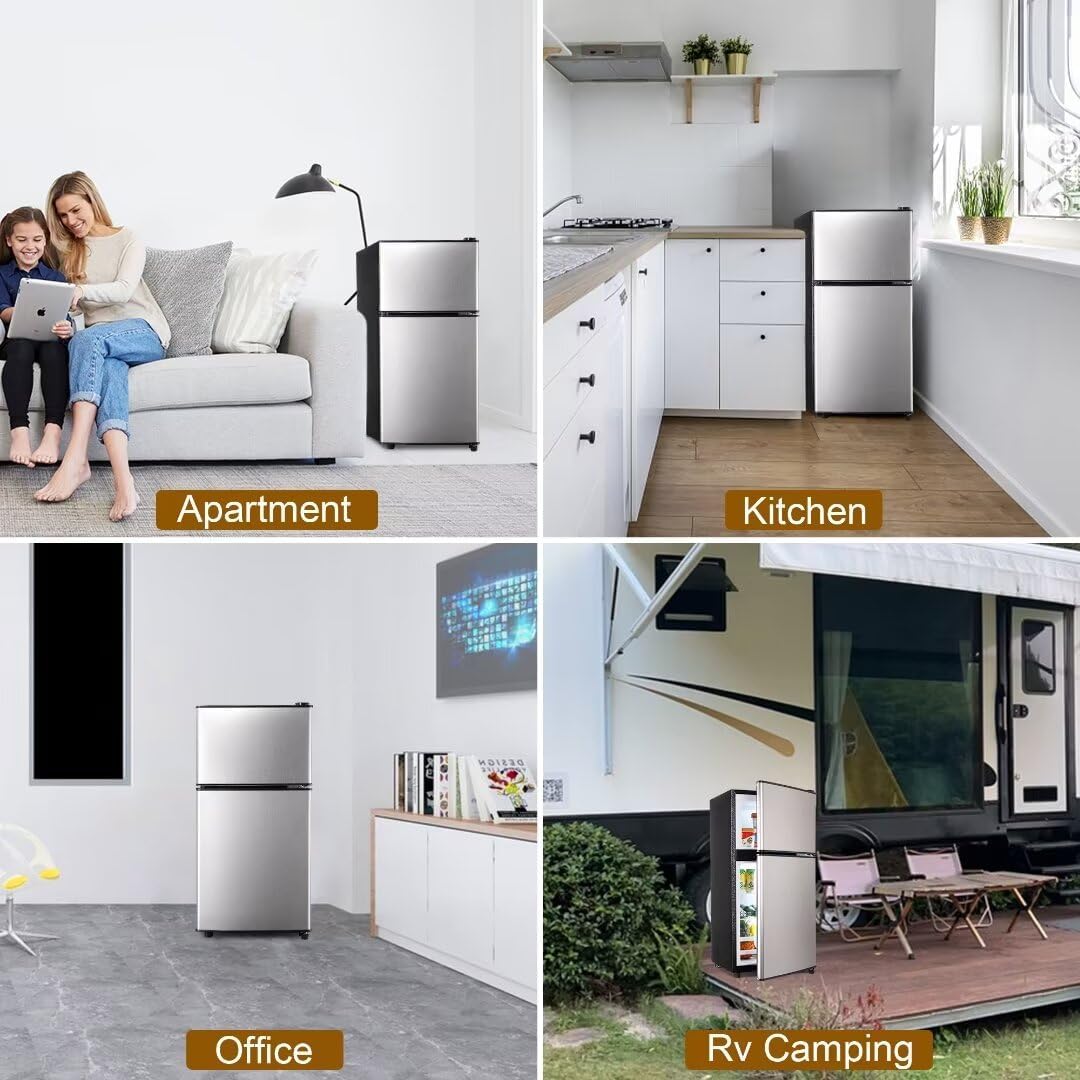 Apartment Size Refrigerator, 4.0 Cu.Ft Double Door Refrigerator with LED Lights and Adjustable Shelves, Suitable for Apartments and Offices, Silver