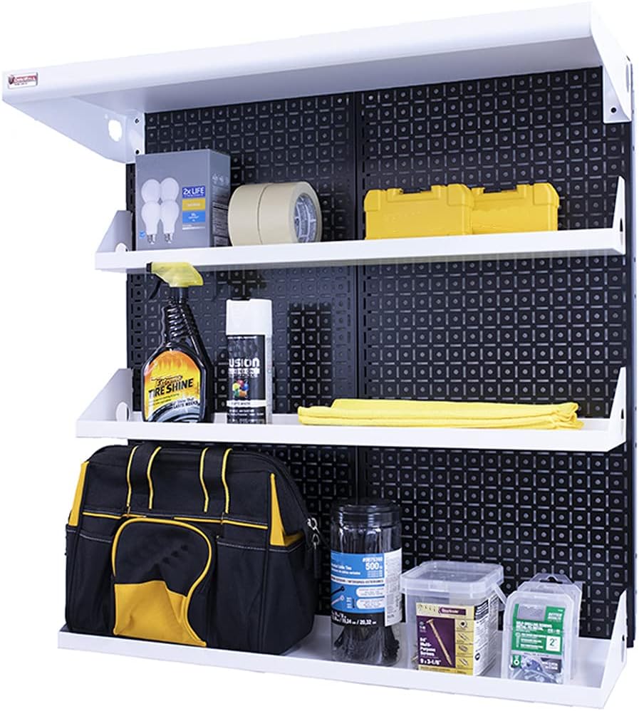 Metal Pegboard Shelving Organization System OmniWall Shelving Kit 32" x 32" Modular Pegboard- Panel Color: Black Accessory Color: Silver