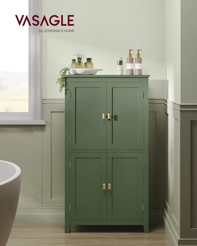 VASAGLE Bathroom Floor Storage Cabinet, Bathroom Storage Unit, Freestanding Cabinet with 4 Doors, Adjustable Shelves, 11.8 x 23.6 x 43.3 Inches, Forest Green UBBC552C01