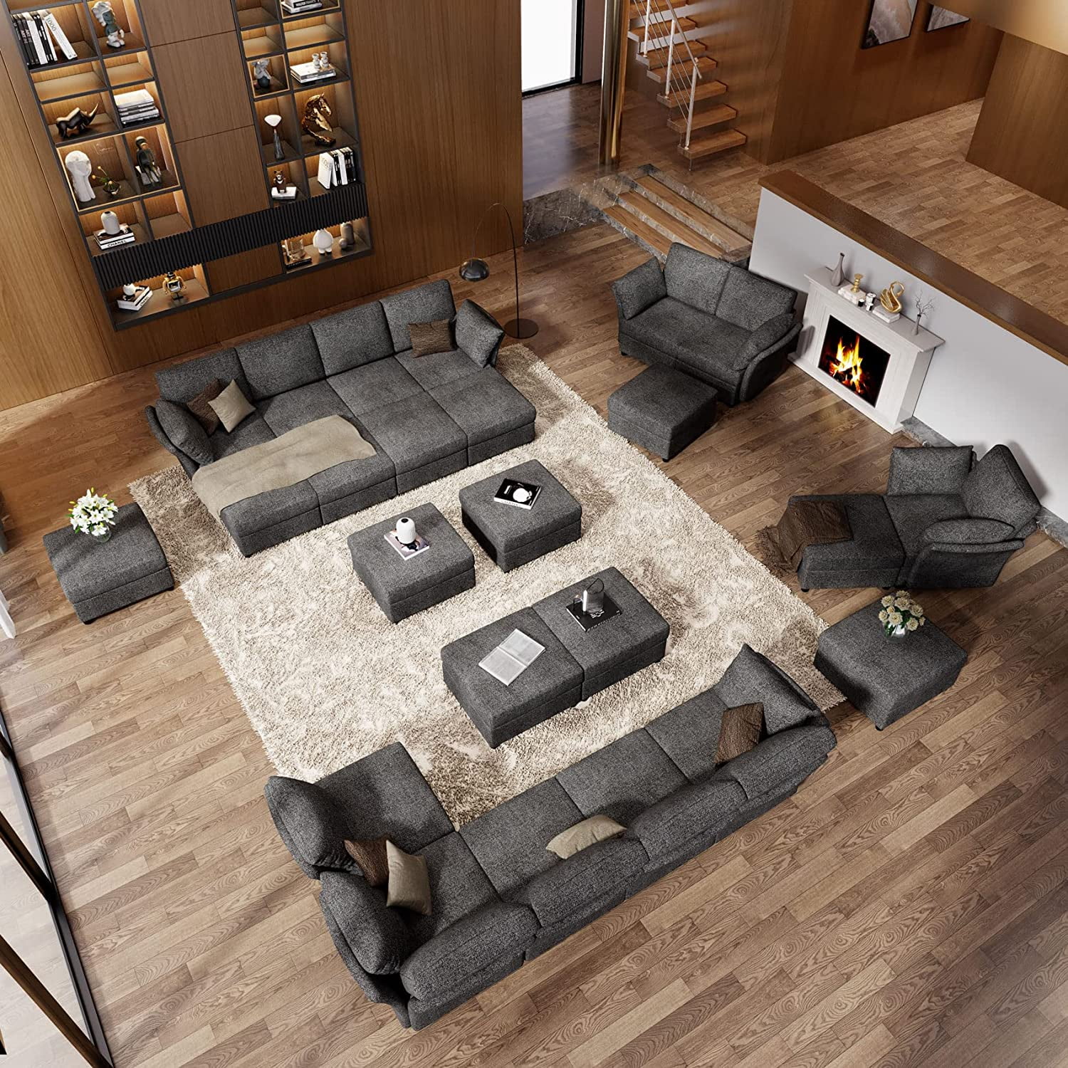 Amerlife Sectional Sofa, U-Shape Couch with Ottomans, 6 Seat Sofa Couch for Living Room, Dark Grey